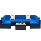 7-Piece PE Wicker Sectional Sofa Set with Cushions and Glass Coffee Table