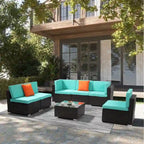 7-Piece PE Wicker Sectional Sofa Set with Cushions and Glass Coffee Table