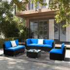 7-Piece PE Wicker Sectional Sofa Set with Cushions and Glass Coffee Table