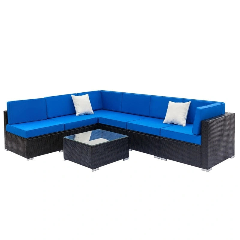7-Piece PE Wicker Sectional Sofa Set with Cushions and Glass Coffee Table