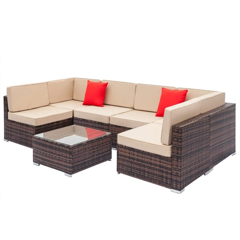7-Piece PE Wicker Sectional Sofa Set with Cushions and Glass Coffee Table