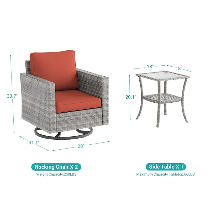 BONOSUKI 3Pcs Patio Swivel Rocking Sofa Set Brown Grey w/Glass Table