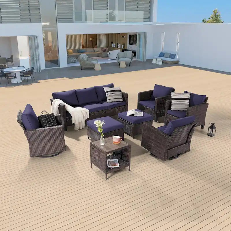 8-Piece PE Rattan Conversation Set Brown 3-Seat Sofa 2 Swivel Rockers 2 Chairs 2 Ottomans 1 Table