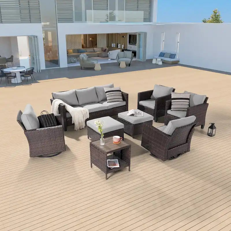 8-Piece PE Rattan Conversation Set Brown 3-Seat Sofa 2 Swivel Rockers 2 Chairs 2 Ottomans 1 Table