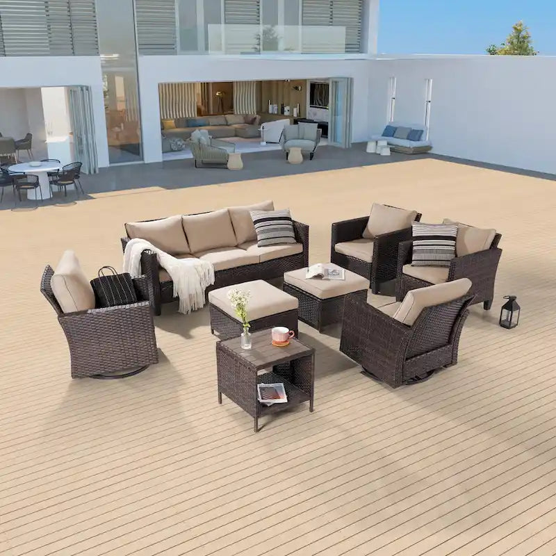 8-Piece PE Rattan Conversation Set Brown 3-Seat Sofa 2 Swivel Rockers 2 Chairs 2 Ottomans 1 Table