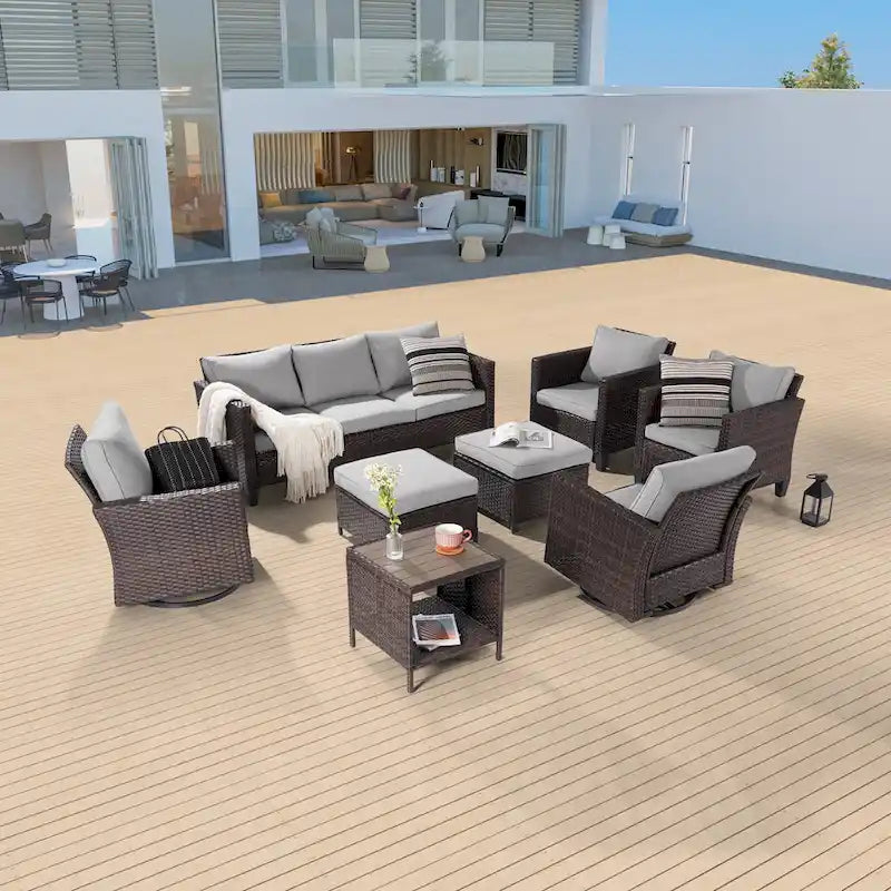 8-Piece PE Rattan Conversation Set Brown 3-Seat Sofa 2 Swivel Rockers 2 Chairs 2 Ottomans 1 Table