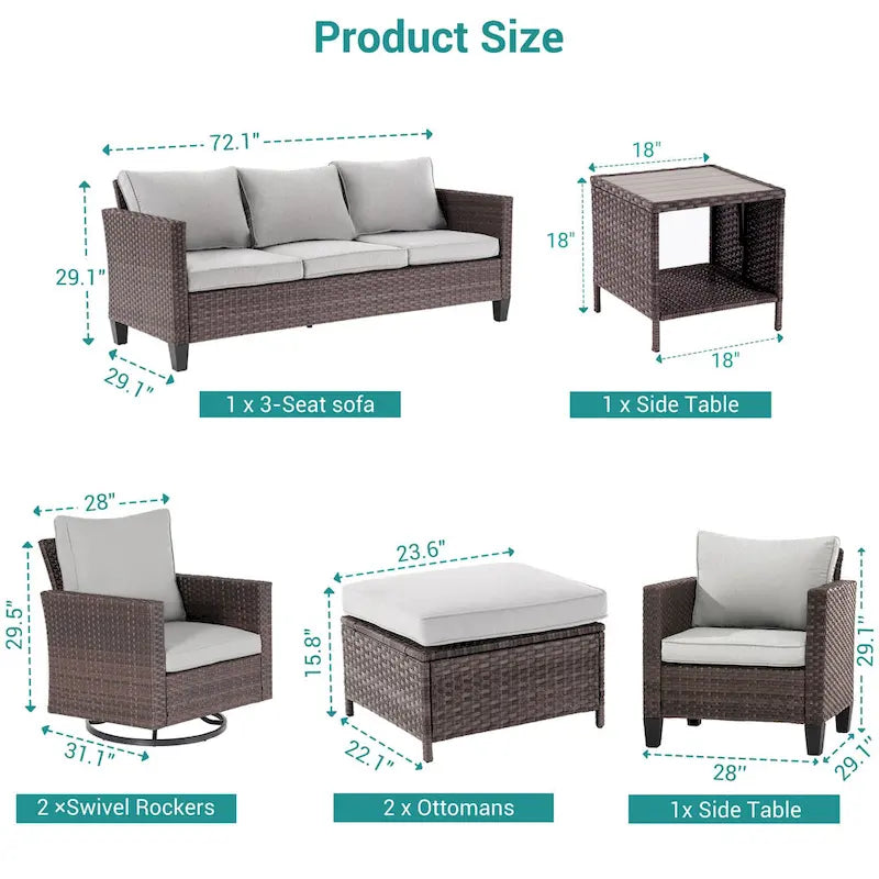 8-Piece PE Rattan Conversation Set Brown 3-Seat Sofa 2 Swivel Rockers 2 Chairs 2 Ottomans 1 Table