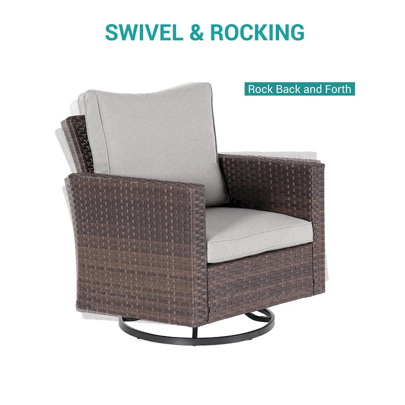 8-Piece PE Rattan Conversation Set Brown 3-Seat Sofa 2 Swivel Rockers 2 Chairs 2 Ottomans 1 Table