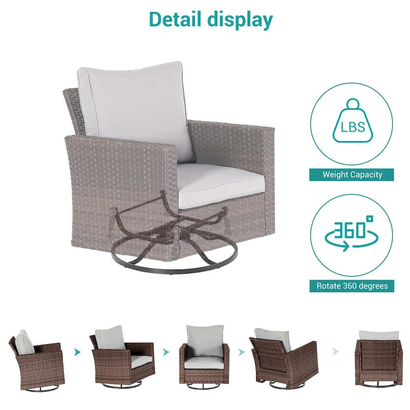 8-Piece PE Rattan Conversation Set Brown 3-Seat Sofa 2 Swivel Rockers 2 Chairs 2 Ottomans 1 Table
