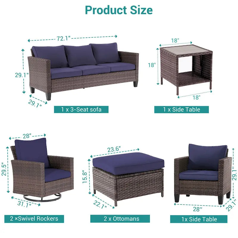 8-Piece PE Rattan Conversation Set Brown 3-Seat Sofa 2 Swivel Rockers 2 Chairs 2 Ottomans 1 Table