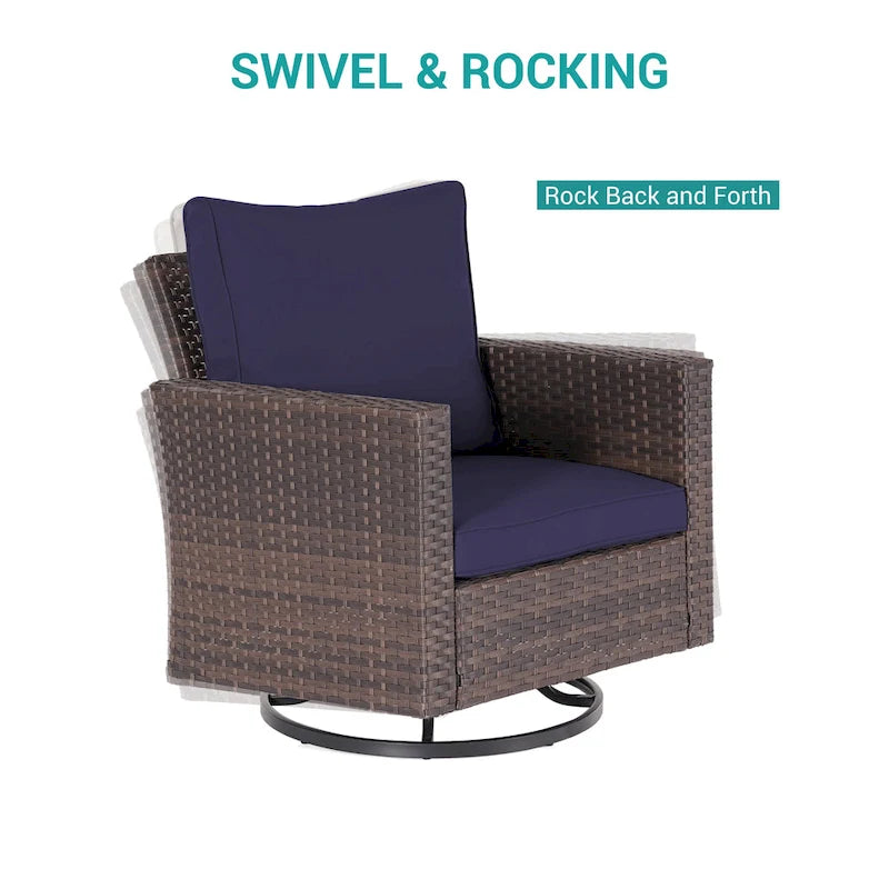 8-Piece PE Rattan Conversation Set Brown 3-Seat Sofa 2 Swivel Rockers 2 Chairs 2 Ottomans 1 Table