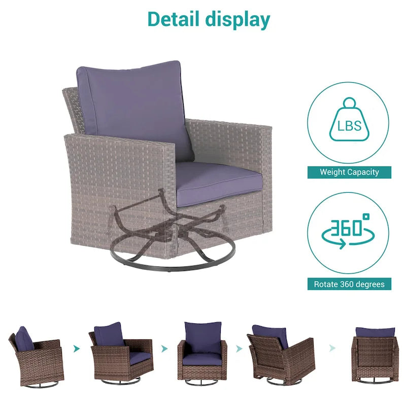 8-Piece PE Rattan Conversation Set Brown 3-Seat Sofa 2 Swivel Rockers 2 Chairs 2 Ottomans 1 Table