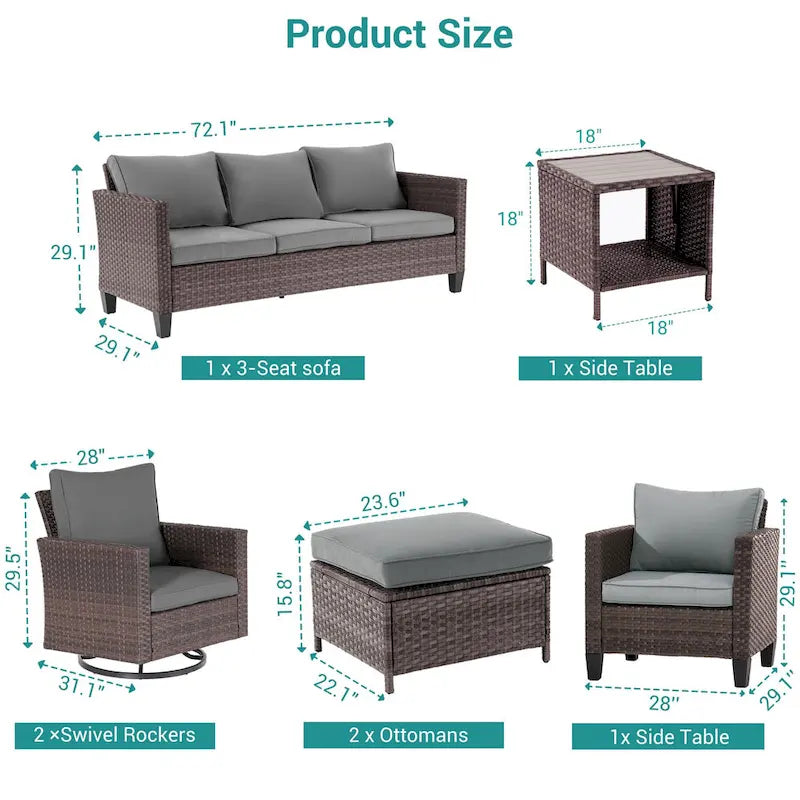 8-Piece PE Rattan Conversation Set Brown 3-Seat Sofa 2 Swivel Rockers 2 Chairs 2 Ottomans 1 Table