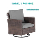 8-Piece PE Rattan Conversation Set Brown 3-Seat Sofa 2 Swivel Rockers 2 Chairs 2 Ottomans 1 Table