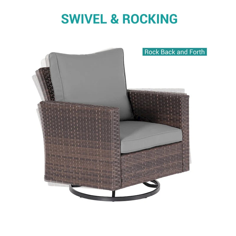 8-Piece PE Rattan Conversation Set Brown 3-Seat Sofa 2 Swivel Rockers 2 Chairs 2 Ottomans 1 Table
