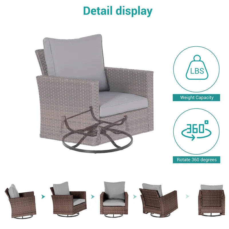 8-Piece PE Rattan Conversation Set Brown 3-Seat Sofa 2 Swivel Rockers 2 Chairs 2 Ottomans 1 Table