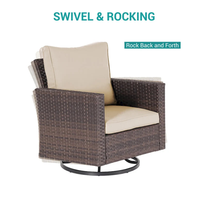 8-Piece PE Rattan Conversation Set Brown 3-Seat Sofa 2 Swivel Rockers 2 Chairs 2 Ottomans 1 Table