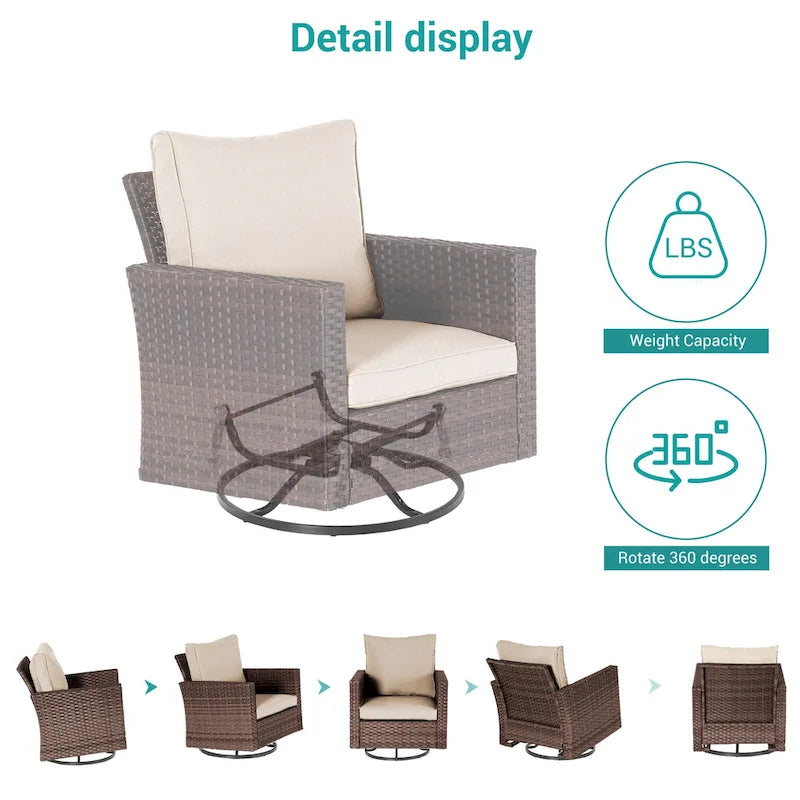 8-Piece PE Rattan Conversation Set Brown 3-Seat Sofa 2 Swivel Rockers 2 Chairs 2 Ottomans 1 Table