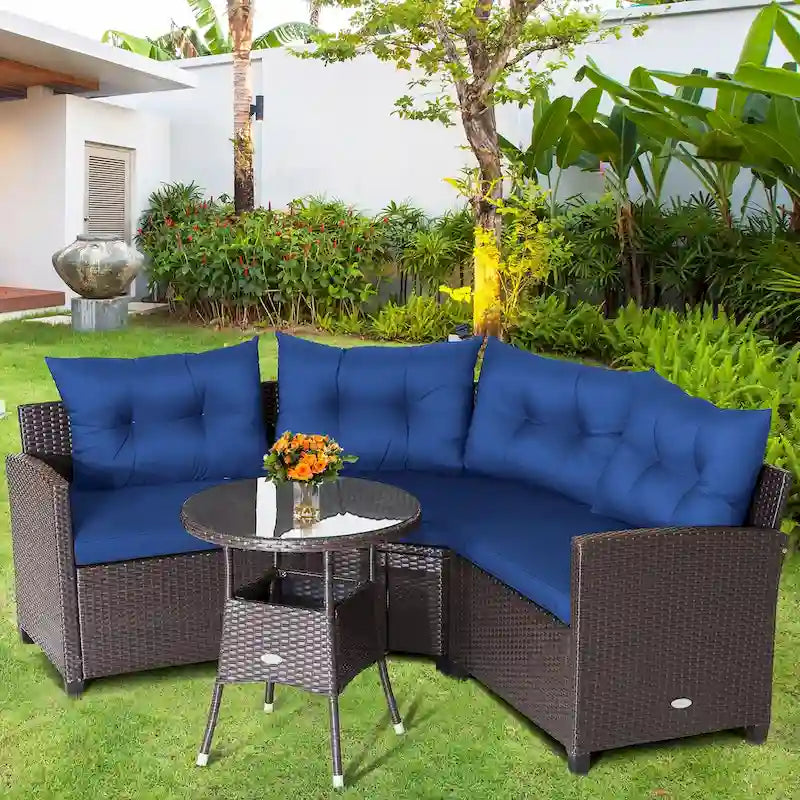 4-Piece PE Rattan Sofa Set Brown/Navy 1 Middle 2 Side Sofas 1 Glass Table with Cushions