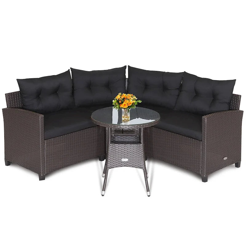 Costway 4PCS Patio Rattan Furniture Set Cushioned Sofa Glass Table - 49.5  x 23  x 29 