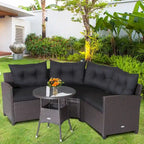 4-Piece PE Rattan Sofa Set Brown/Navy 1 Middle 2 Side Sofas 1 Glass Table with Cushions