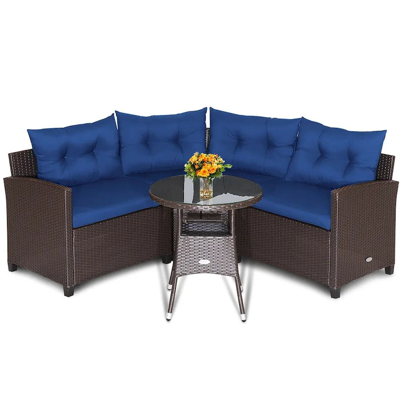 4-Piece PE Rattan Sofa Set Brown/Navy 1 Middle 2 Side Sofas 1 Glass Table with Cushions