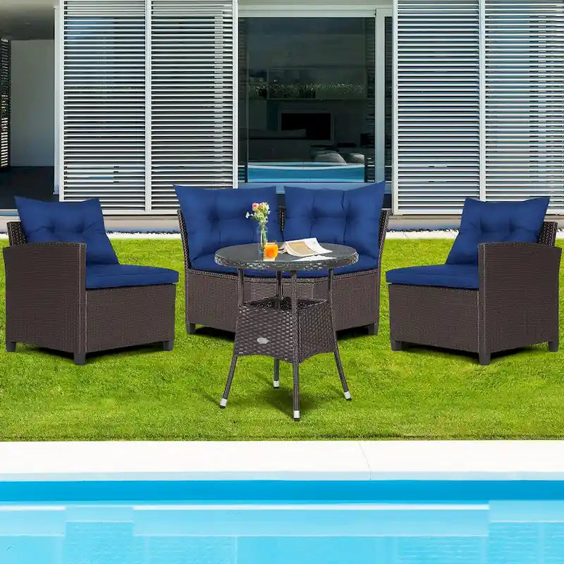 4-Piece PE Rattan Sofa Set Brown/Navy 1 Middle 2 Side Sofas 1 Glass Table with Cushions
