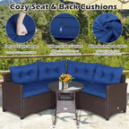 4-Piece PE Rattan Sofa Set Brown/Navy 1 Middle 2 Side Sofas 1 Glass Table with Cushions