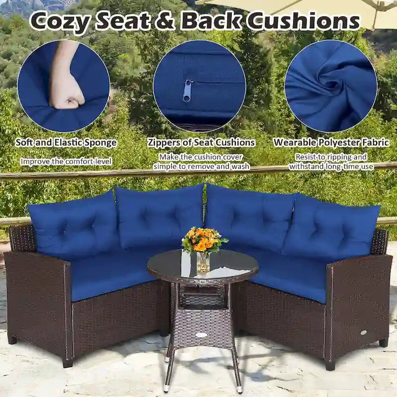4-Piece PE Rattan Sofa Set Brown/Navy 1 Middle 2 Side Sofas 1 Glass Table with Cushions