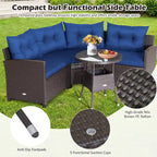4-Piece PE Rattan Sofa Set Brown/Navy 1 Middle 2 Side Sofas 1 Glass Table with Cushions