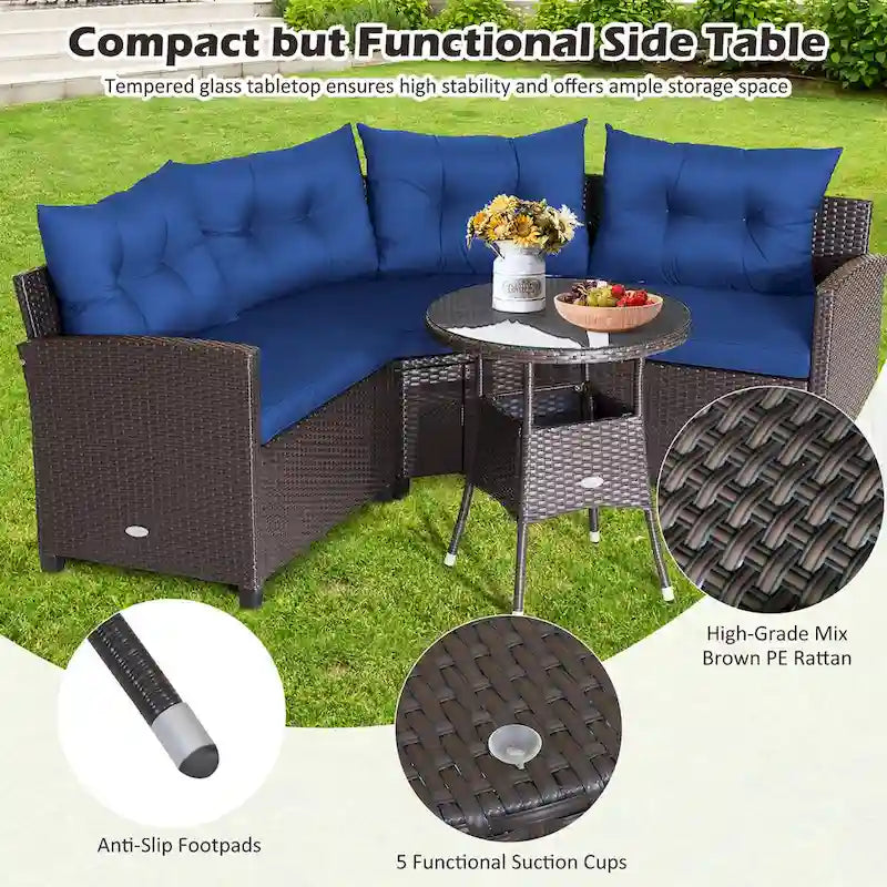 4-Piece PE Rattan Sofa Set Brown/Navy 1 Middle 2 Side Sofas 1 Glass Table with Cushions