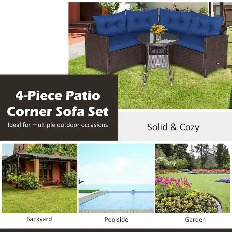 4-Piece PE Rattan Sofa Set Brown/Navy 1 Middle 2 Side Sofas 1 Glass Table with Cushions