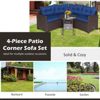 4-Piece PE Rattan Sofa Set Brown/Navy 1 Middle 2 Side Sofas 1 Glass Table with Cushions