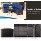 4-Piece PE Rattan Sofa Set Brown/Navy 1 Middle 2 Side Sofas 1 Glass Table with Cushions