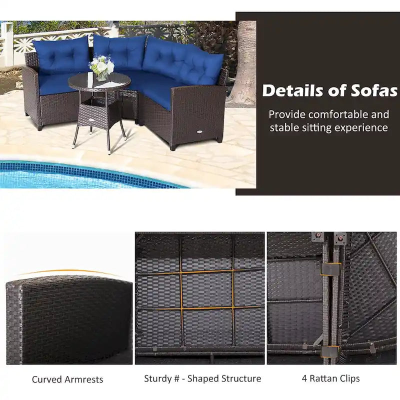 4-Piece PE Rattan Sofa Set Brown/Navy 1 Middle 2 Side Sofas 1 Glass Table with Cushions