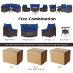 4-Piece PE Rattan Sofa Set Brown/Navy 1 Middle 2 Side Sofas 1 Glass Table with Cushions
