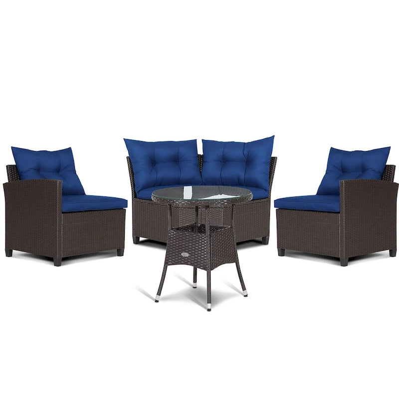 4-Piece PE Rattan Sofa Set Brown/Navy 1 Middle 2 Side Sofas 1 Glass Table with Cushions