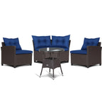 4-Piece PE Rattan Sofa Set Brown/Navy 1 Middle 2 Side Sofas 1 Glass Table with Cushions
