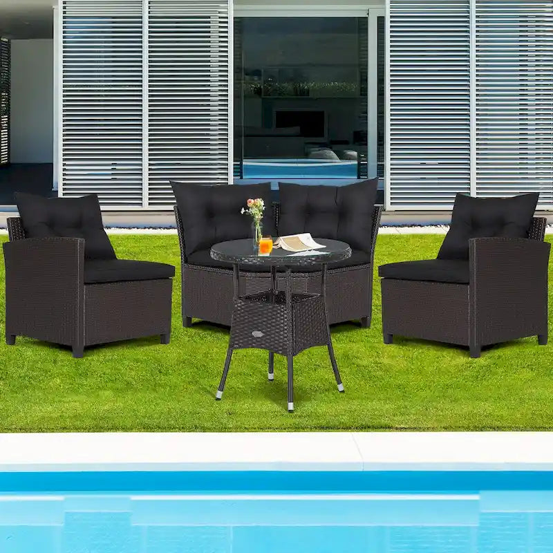 4-Piece PE Rattan Sofa Set Brown/Navy 1 Middle 2 Side Sofas 1 Glass Table with Cushions