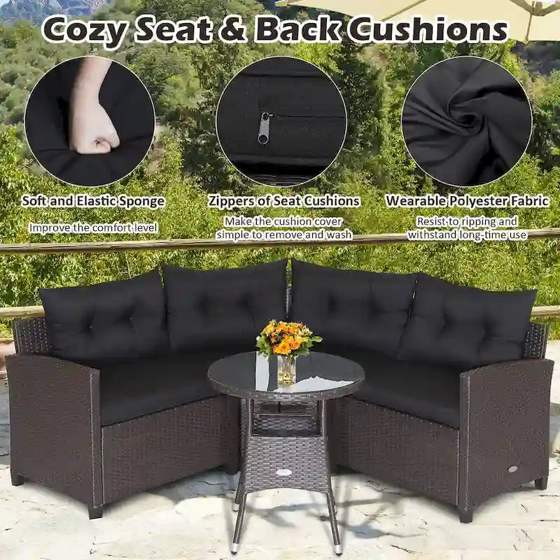 4-Piece PE Rattan Sofa Set Brown/Navy 1 Middle 2 Side Sofas 1 Glass Table with Cushions