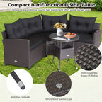 4-Piece PE Rattan Sofa Set Brown/Navy 1 Middle 2 Side Sofas 1 Glass Table with Cushions