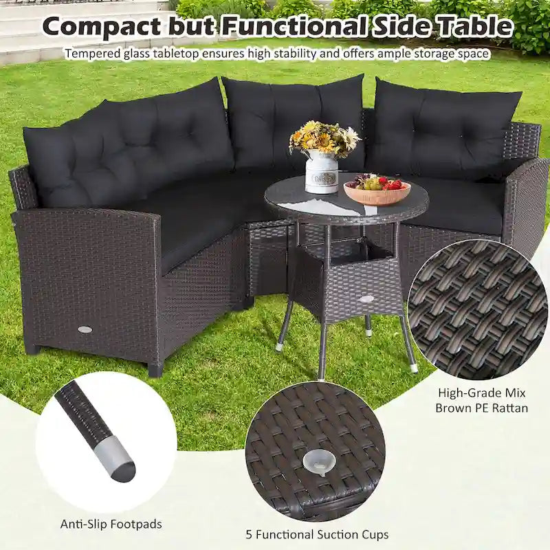 4-Piece PE Rattan Sofa Set Brown/Navy 1 Middle 2 Side Sofas 1 Glass Table with Cushions
