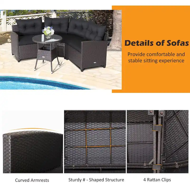 4-Piece PE Rattan Sofa Set Brown/Navy 1 Middle 2 Side Sofas 1 Glass Table with Cushions