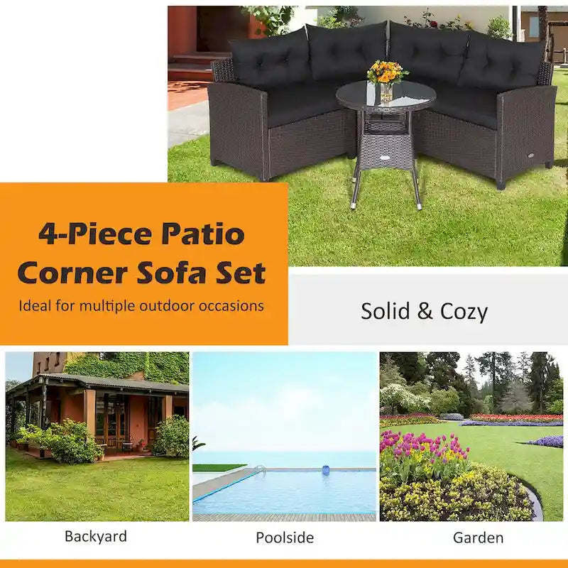 4-Piece PE Rattan Sofa Set Brown/Navy 1 Middle 2 Side Sofas 1 Glass Table with Cushions
