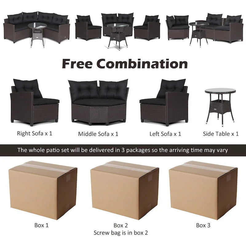 4-Piece PE Rattan Sofa Set Brown/Navy 1 Middle 2 Side Sofas 1 Glass Table with Cushions