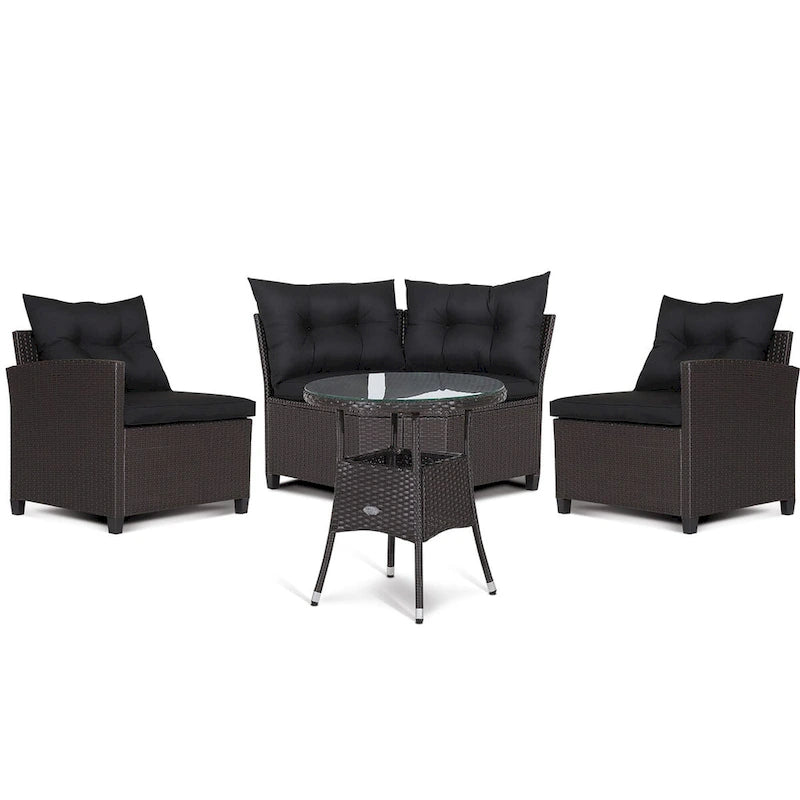 4-Piece PE Rattan Sofa Set Brown/Navy 1 Middle 2 Side Sofas 1 Glass Table with Cushions