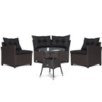 4-Piece PE Rattan Sofa Set Brown/Navy 1 Middle 2 Side Sofas 1 Glass Table with Cushions