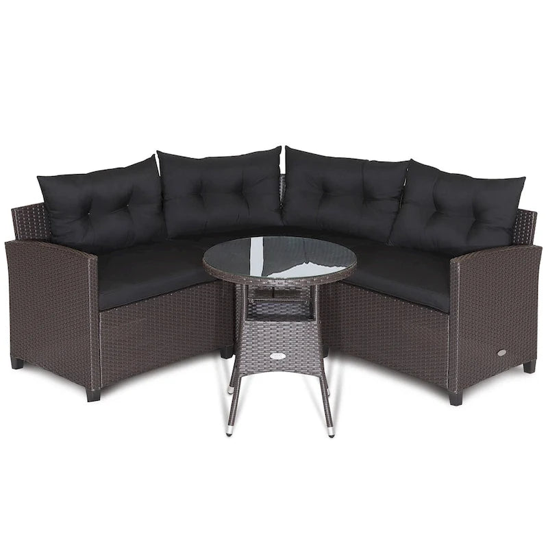 4-Piece PE Rattan Sofa Set Brown/Navy 1 Middle 2 Side Sofas 1 Glass Table with Cushions