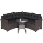4-Piece PE Rattan Sofa Set Brown/Navy 1 Middle 2 Side Sofas 1 Glass Table with Cushions