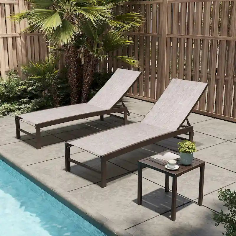 3-Piece Aluminum Chaise Lounge Set 2 Adjustable Chairs 1 Side Table